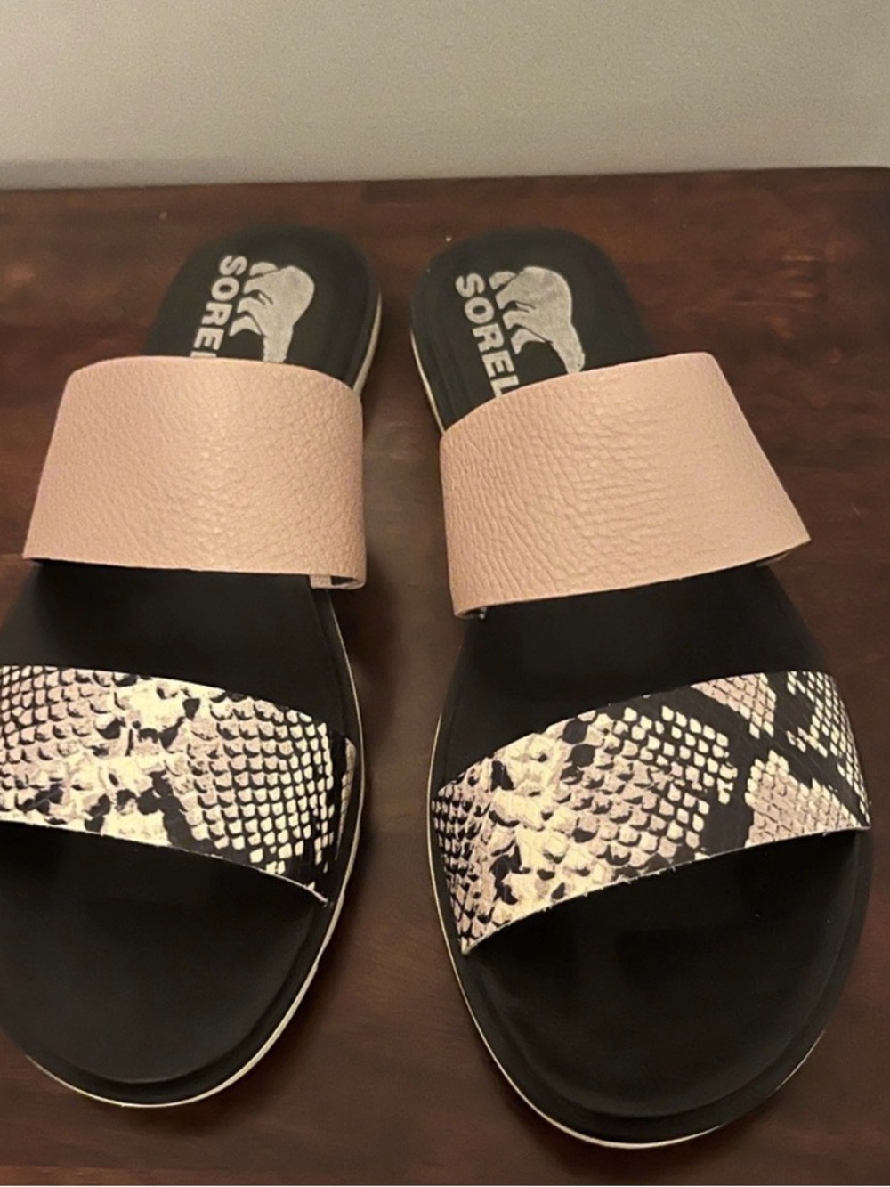 Sorel Two-Band Slide Sandals in Blush and Snake Print